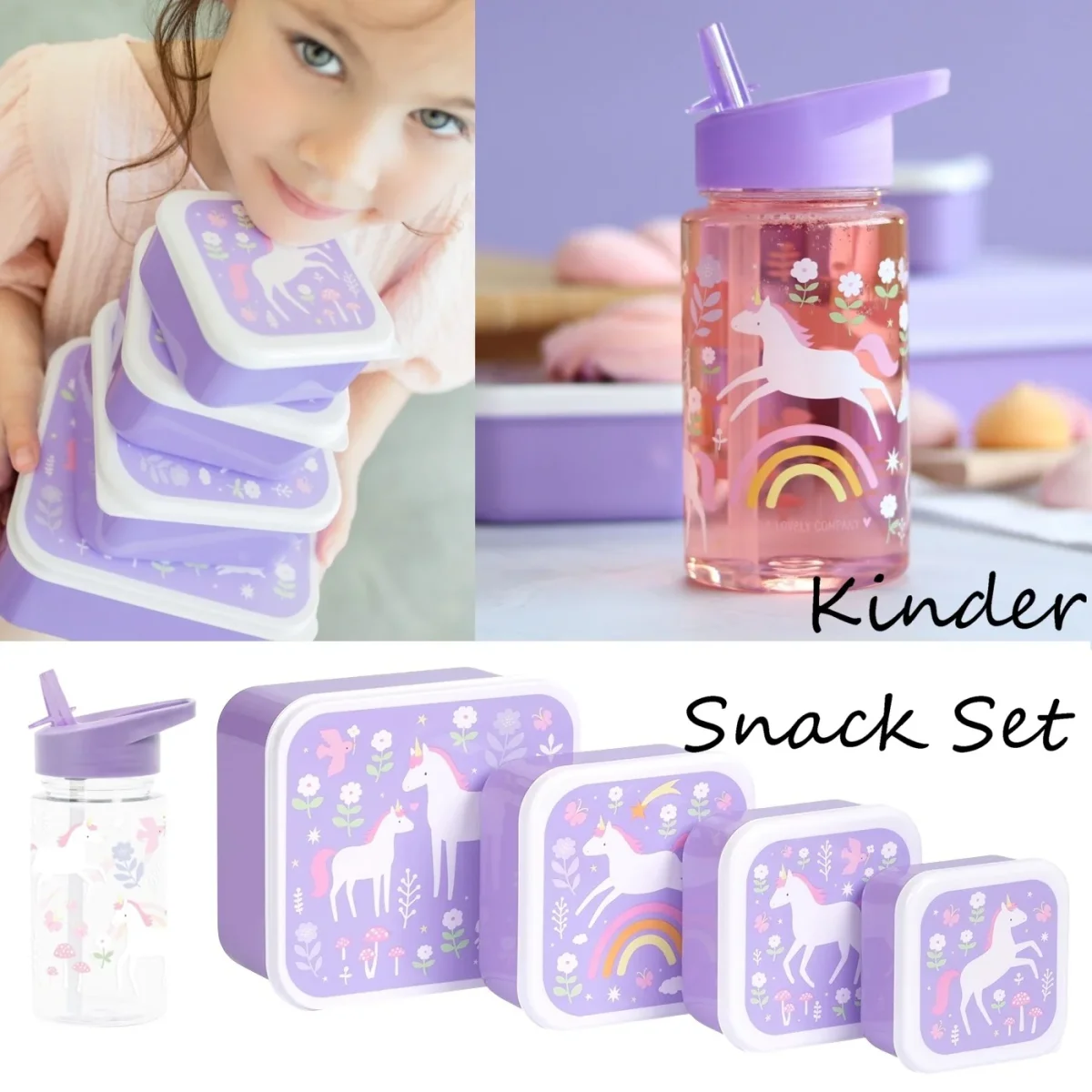 ALLC Kinder Snackboxen & Flasche Set Einhorn Lila – Bild 2